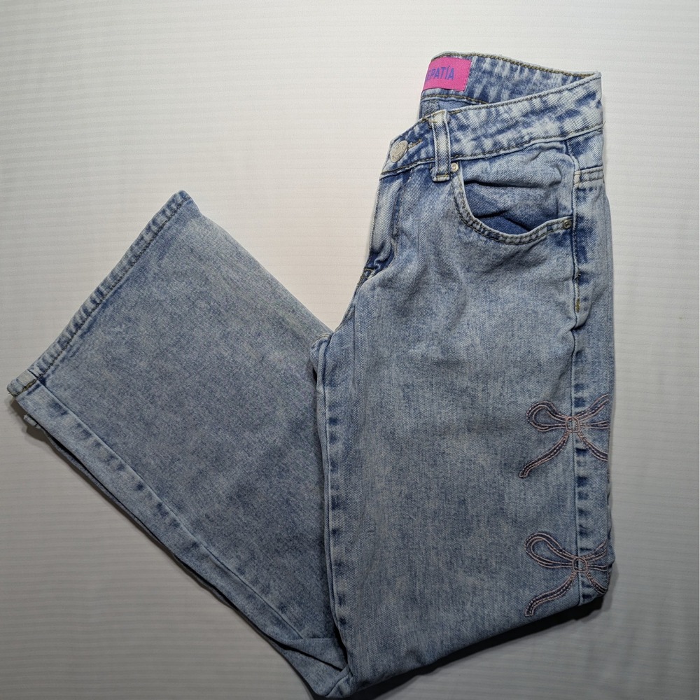 Telepatia Women 0/24 Bow Embroidered Jeans 100% Cotton Acid Wash Coquette Y2K